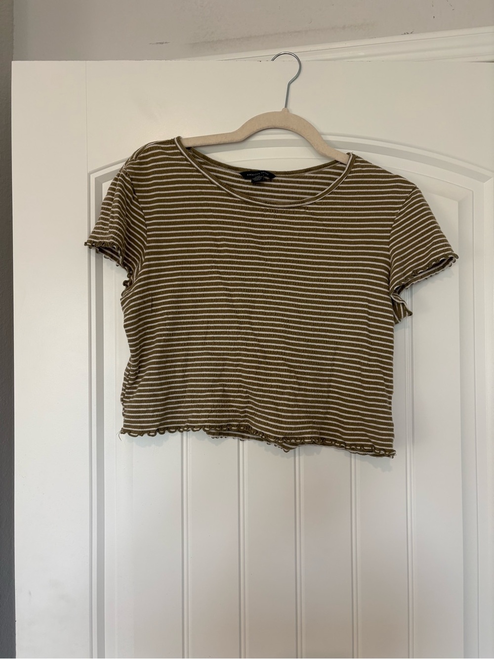 American Eagle Outfitters Olive and White Striped Cropped Tee